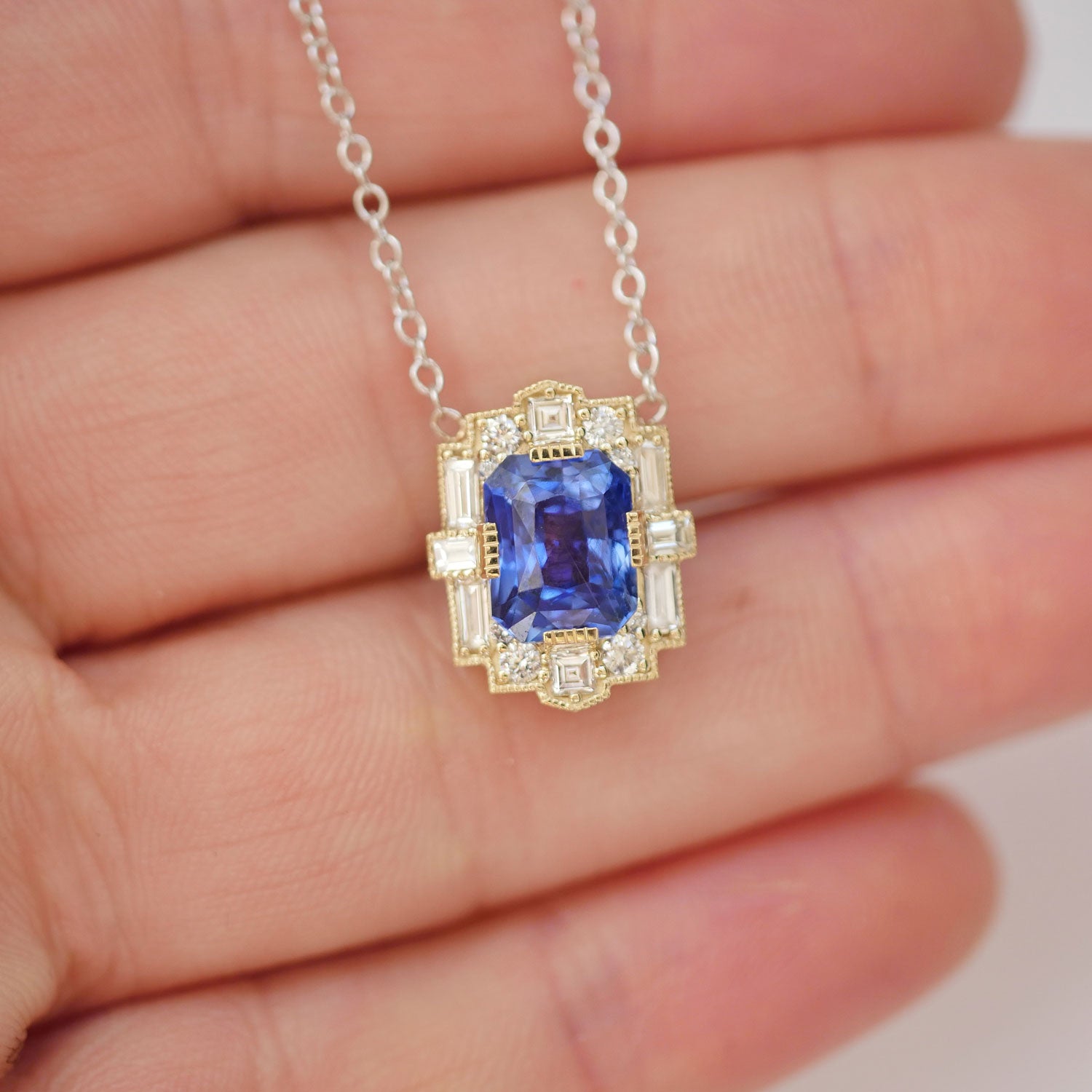 16 Inch Alternating Sapphire and Diamond Tennis Necklace In White Gold |  New York Jewelers Chicago